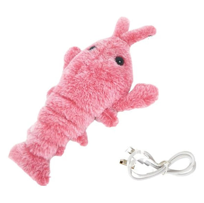 Electric pink plush lobster pet toy with USB charging cable for cats and dogs