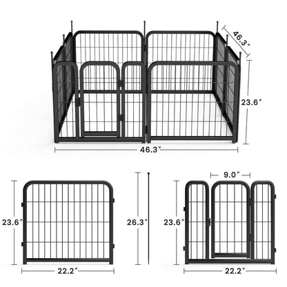 Black 8-panel portable dog fence with gate, 23.6 inch high, 22.2 inch wide panels for small dogs and pets.