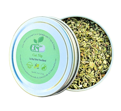 Organic catnip and silver vine mix in a round metal tin for cats