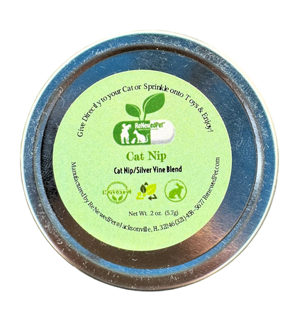 Organic Catnip and Silver Vine Blend in metal container for cats