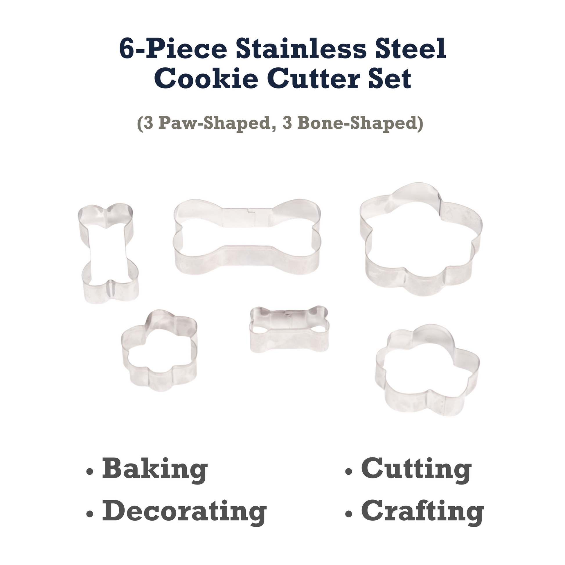 Country Living 6-piece stainless steel cookie cutter set with 3 paw-shaped and 3 bone-shaped cutters for baking and crafting