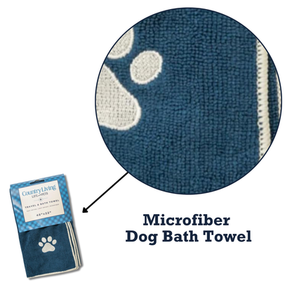 Country Living Large Marine Blue Microfiber Dog Bath Towel with embroidered paw print and durable stitching