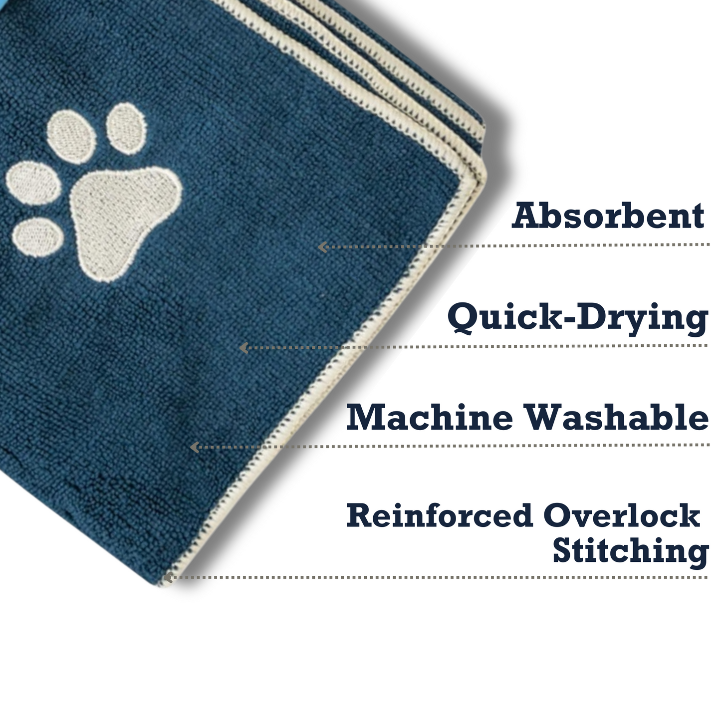 Country Living Large marine blue microfiber dog bath towel with embroidered paw print, absorbent, quick-drying, machine washable, and reinforced overlock stitching