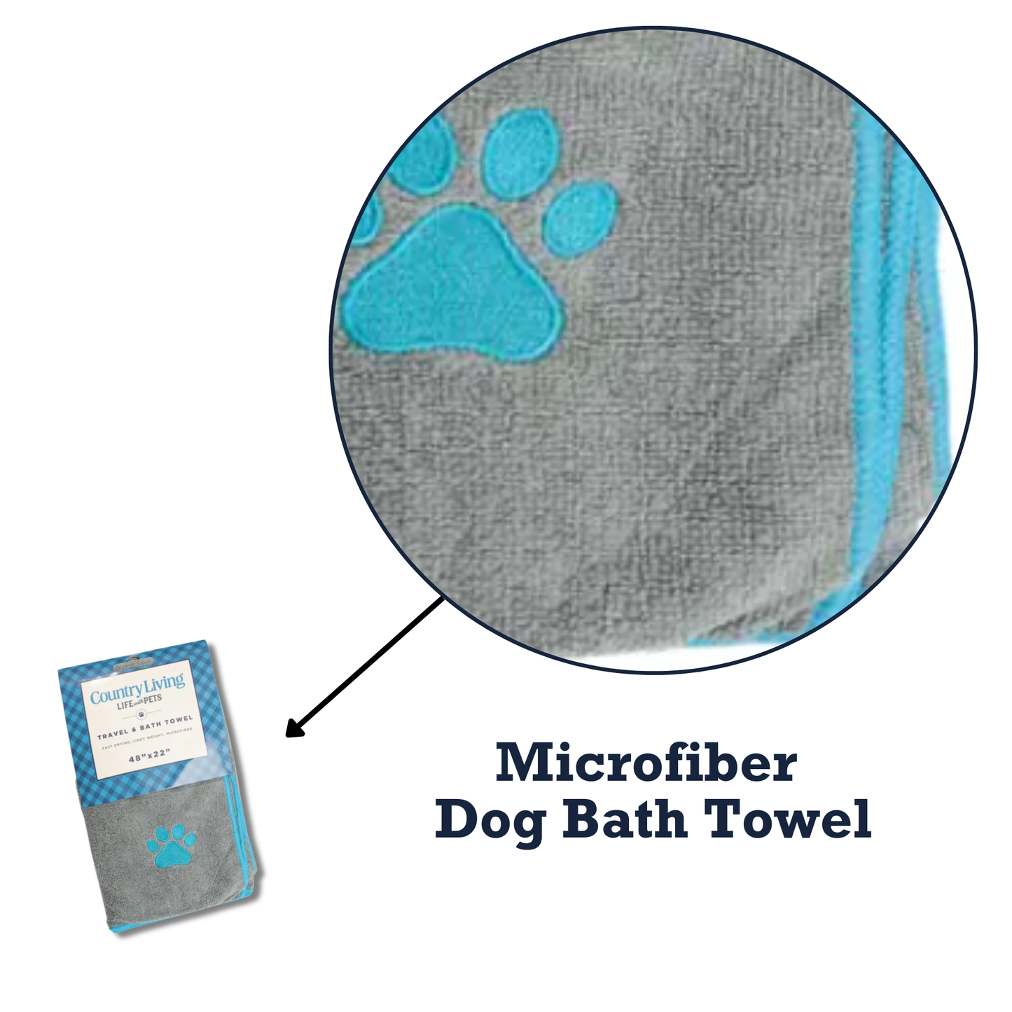 Country Living Large Gray Microfiber Dog Bath Towel with teal embroidered paw print, 48x22 inches, quick-drying and absorbent pet towel