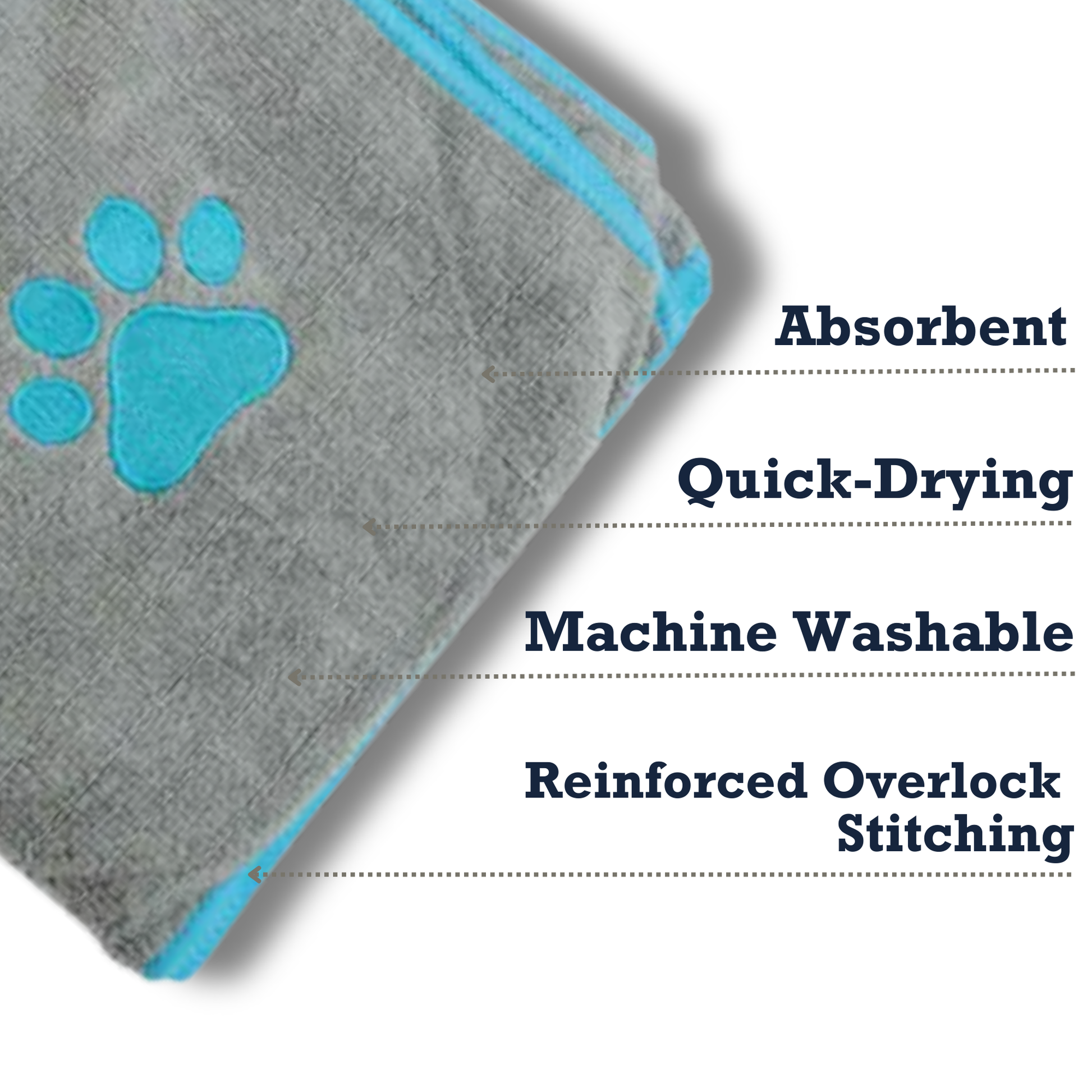 Country Living Large gray microfiber dog bath towel with teal embroidered paw print and reinforced stitching