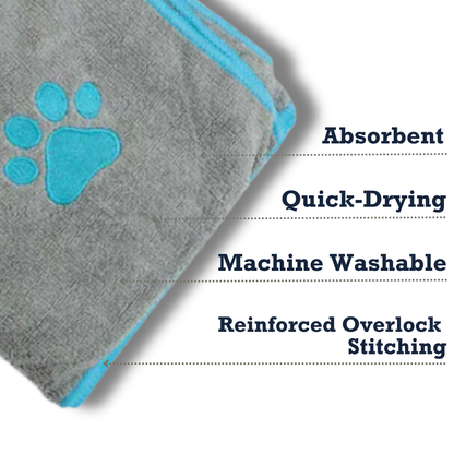 Country Living Large gray microfiber dog bath towel with teal embroidered paw print and reinforced stitching