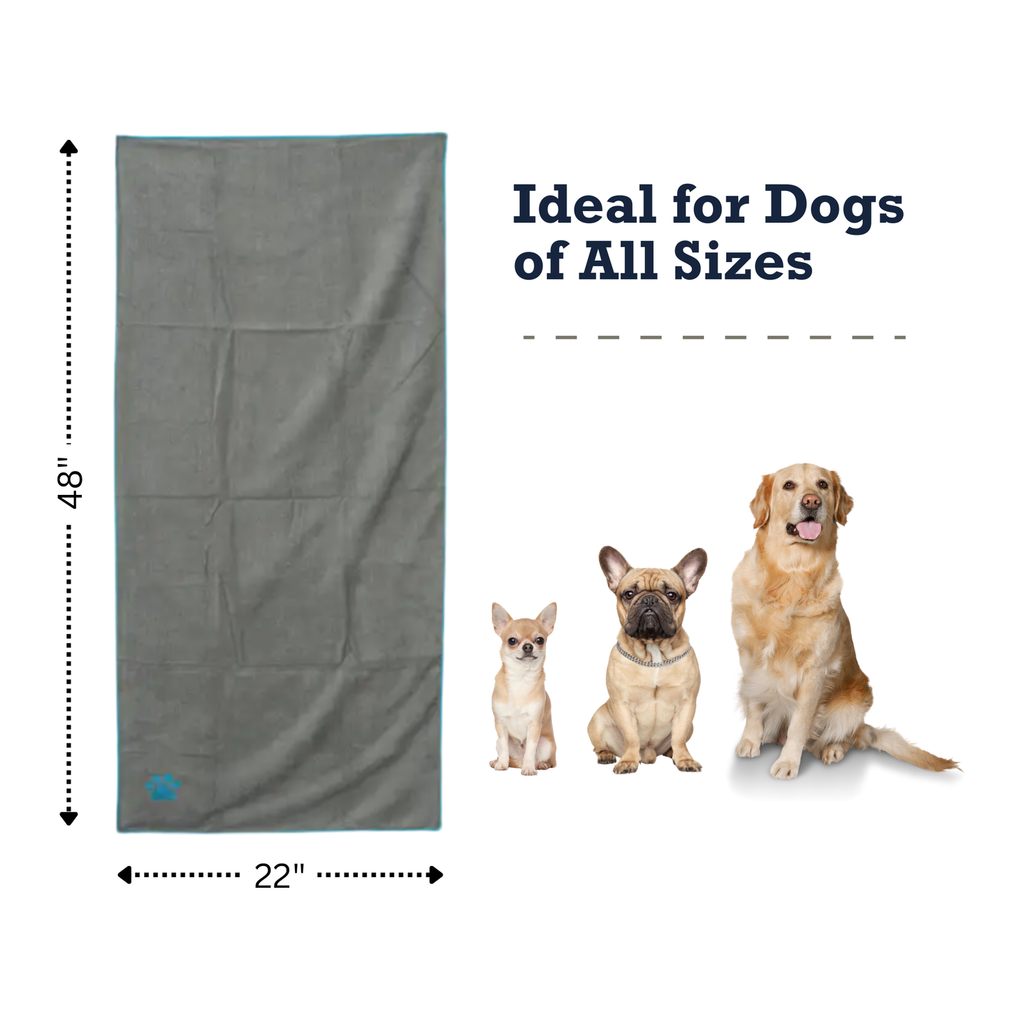 Country Living Large gray microfiber dog bath towel with teal embroidered paw print, 48x22 inches, quick-drying and absorbent