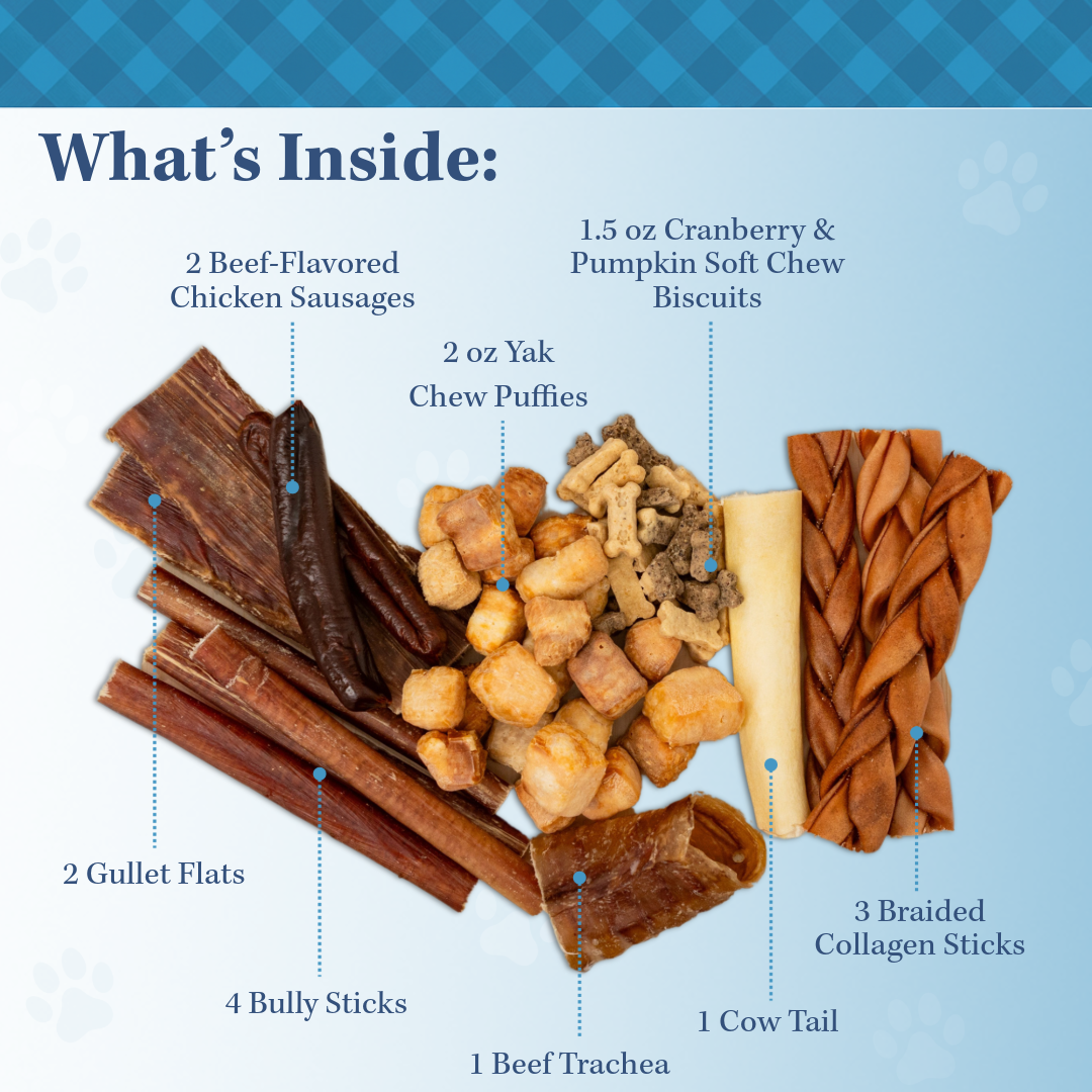 Country Living Bark-Uterie Board with natural dog treats including gullet flats, cow tail, chicken sausages, bully sticks, beef trachea, braided collagen sticks, yak chew puffies, and soft chew biscuits