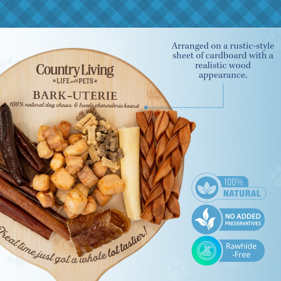 Country Living Bark-Uterie Board natural dog treats assortment on rustic cardboard wood-style board, grain-free, high-protein, no preservatives, rawhide-free