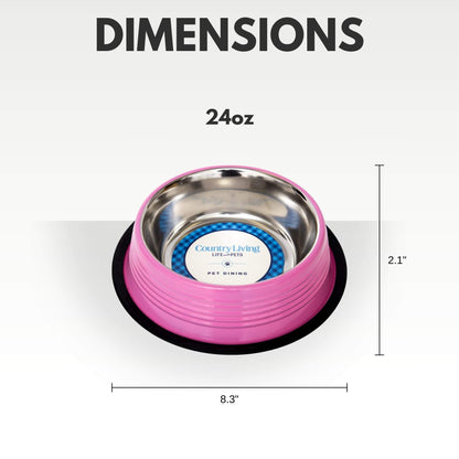 Country Living Set of 2 Ribbed Non-Slip Pet Bowls –Stylish Pink Design