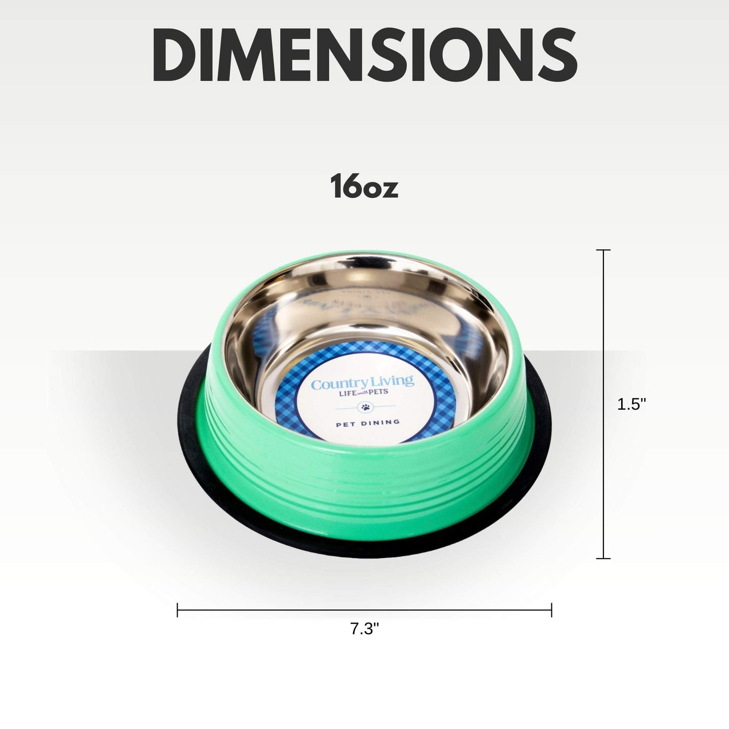 16oz Irish Green ribbed non-slip pet bowl with stainless steel interior and removable rubber base, 7.3 inches wide and 1.5 inches high