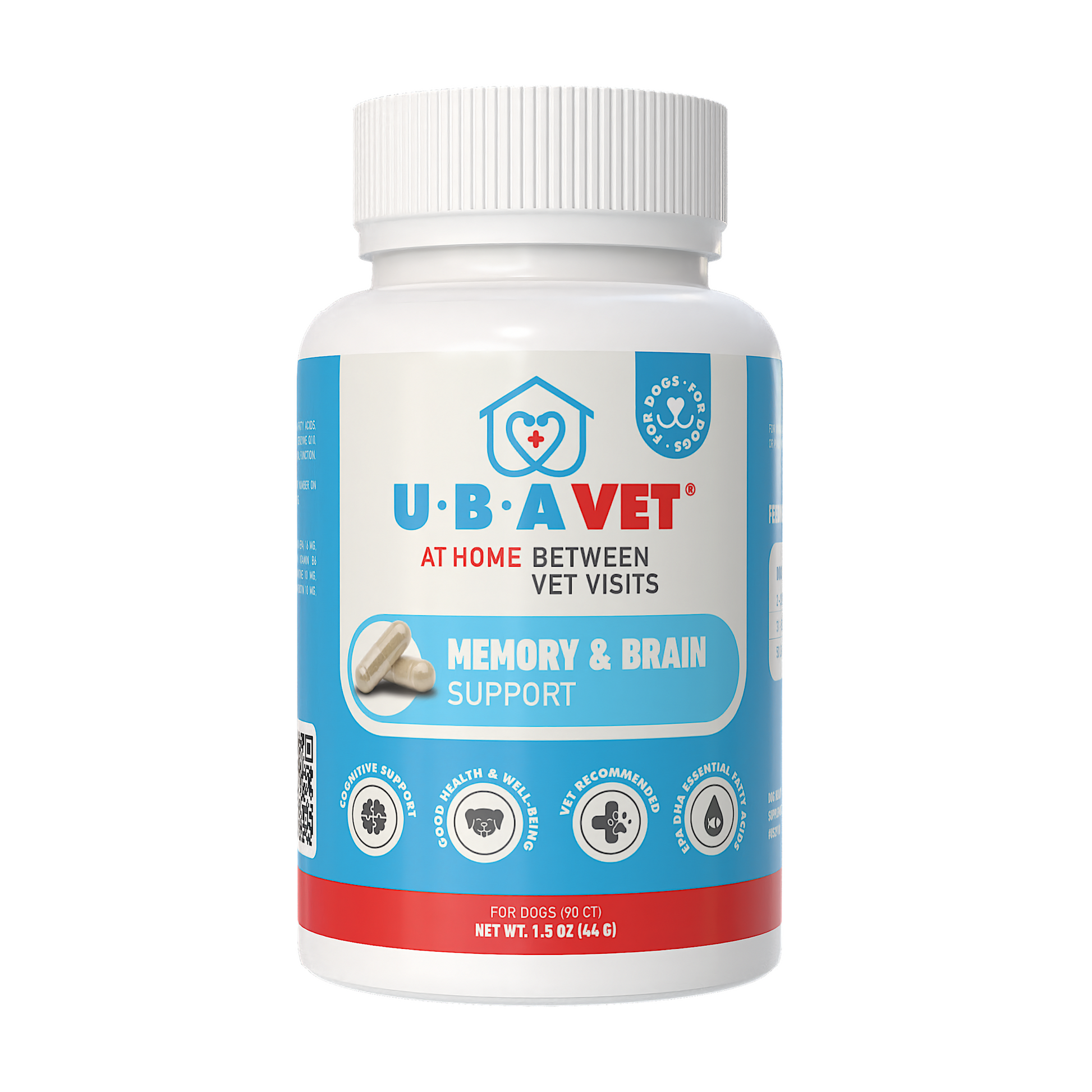 UBAVET Memory & Brain Support supplement bottle for senior dogs with omega-3 and antioxidants for cognitive health