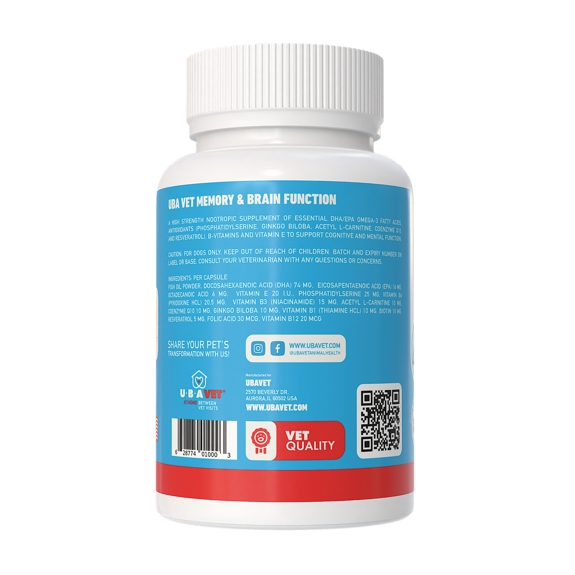 UBAVET Memory & Brain Support supplement bottle for senior dogs with omega-3 and antioxidants for cognitive health