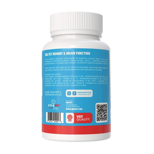UBAVET Memory & Brain Support supplement bottle for senior dogs with omega-3 and antioxidants for cognitive health