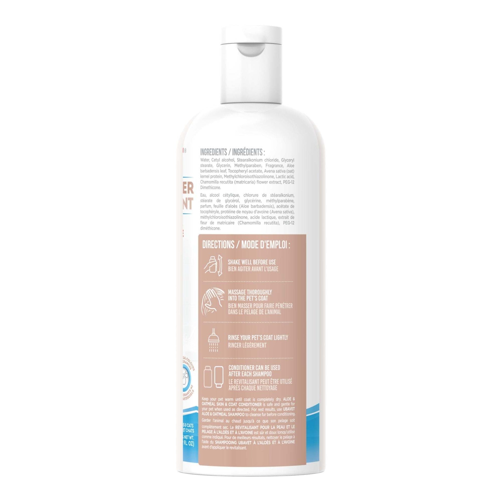 Back view of Ubavet Aloe and Oatmeal Conditioner bottle for dogs and cats showing ingredients and usage directions