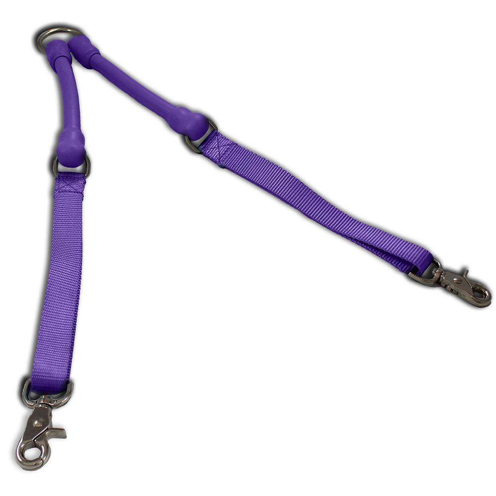 Purple tangle-free double dog leash connector with shock-absorbing stretch design and swivel clasps for two dogs