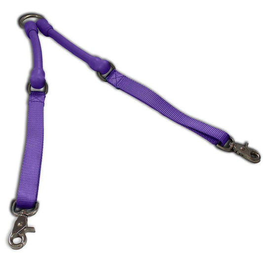 Purple tangle-free double dog leash connector with shock-absorbing stretch design and swivel clasps for two dogs