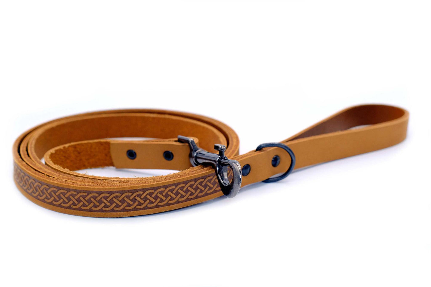 Celtic Sport Khaki leather dog leash with Celtic fire and water rune design and black hardware