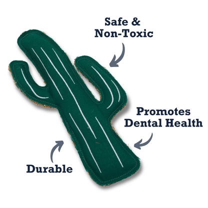 Country Living Canvas cactus-shaped dog chew toy made of durable, safe, and non-toxic jute and canvas promoting dental health.