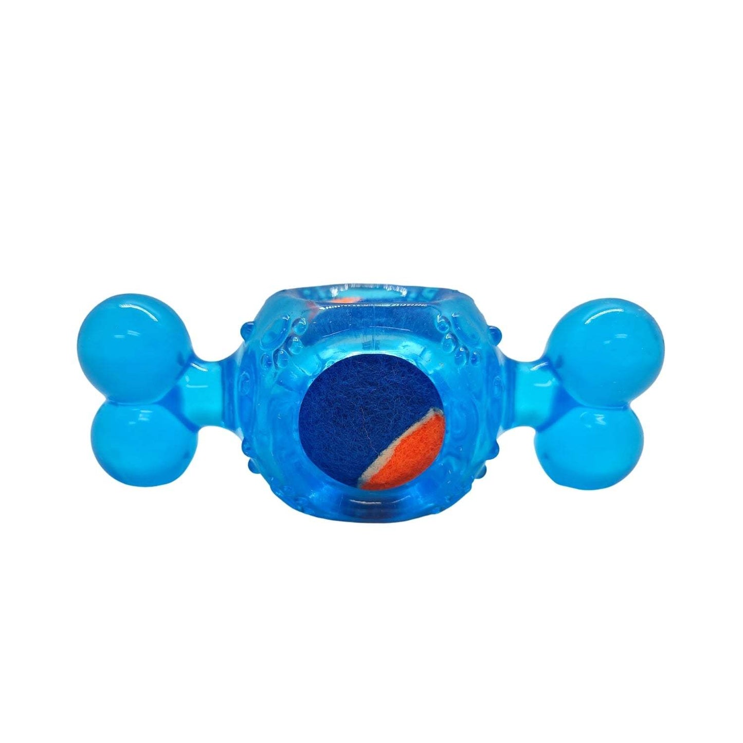 Blue candy-inspired squeaky tennis ball dog chew toy made of durable TPR with textured surface for dental health.