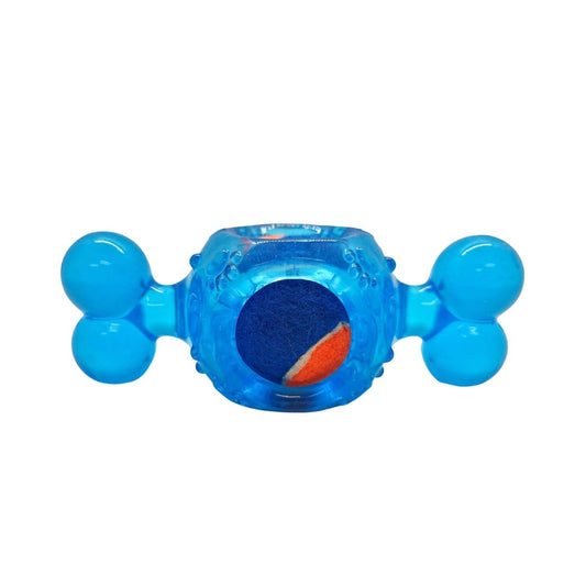 Blue candy-inspired squeaky tennis ball dog chew toy made of durable TPR with textured surface for dental health.