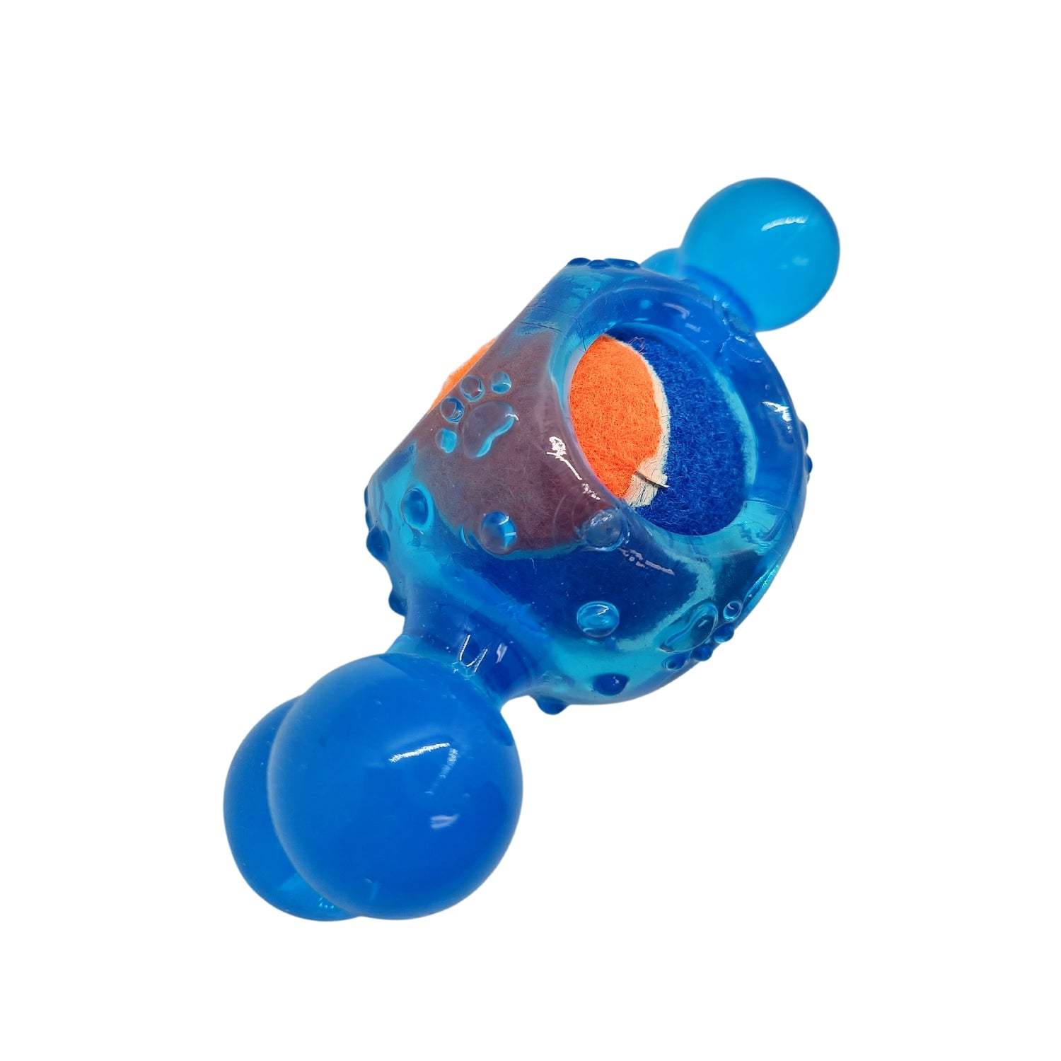 Blue candy-inspired squeaky tennis ball dog chew toy made of durable TPR with textured surface for dental health.