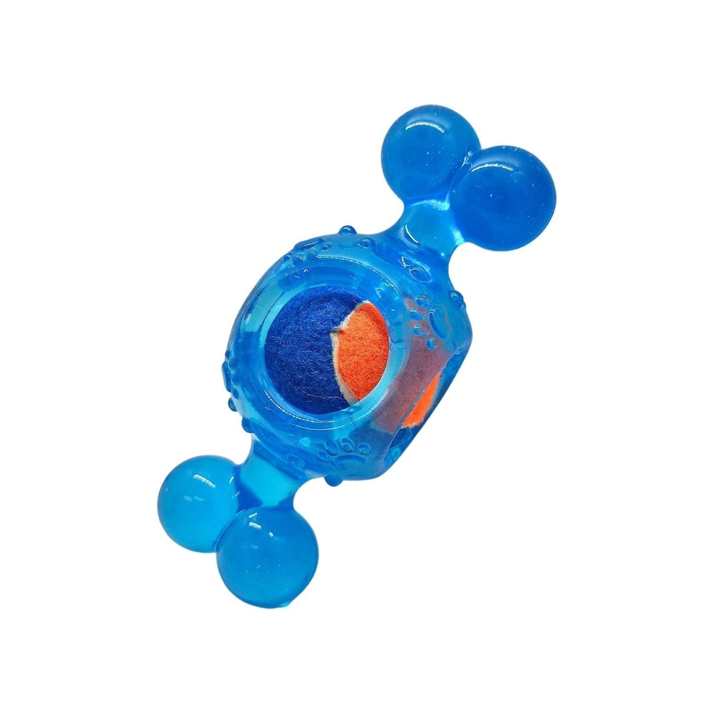 Blue candy-inspired squeaky tennis ball dog chew toy made of durable TPR with textured surface for dental health