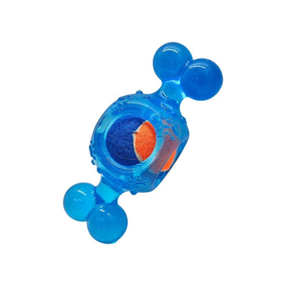 Blue candy-inspired squeaky tennis ball dog chew toy made of durable TPR with textured surface for dental health