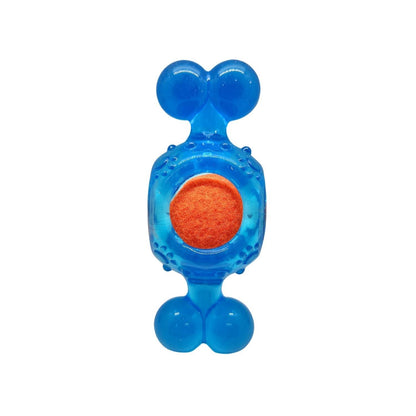 Blue candy-inspired squeaky tennis ball dog chew toy made of durable TPR with textured surface for dental health