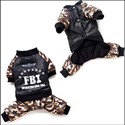 FBI camouflage coat jumpsuit for dogs with button closure and warm lining