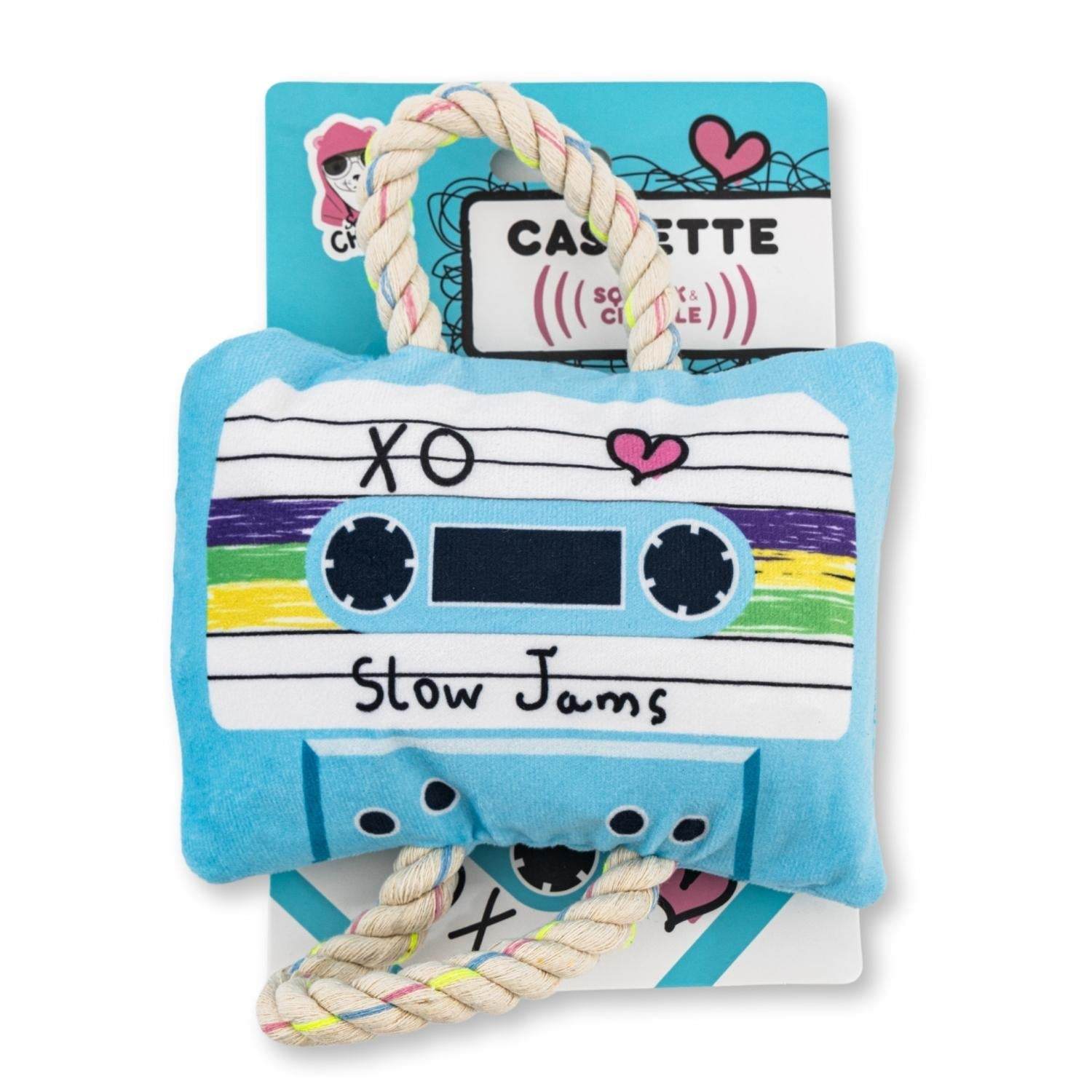 Retro Cassette Tape Plush Dog Toy with squeaker and crinkle paper for interactive dog play