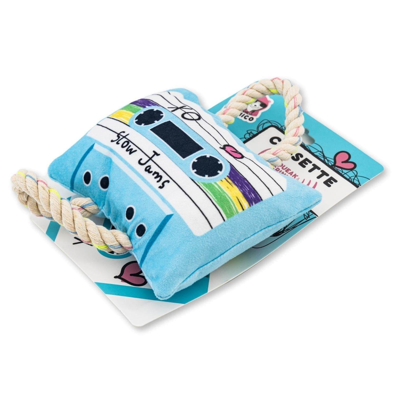 Retro cassette tape plush dog toy with squeaker and crinkle paper for interactive play