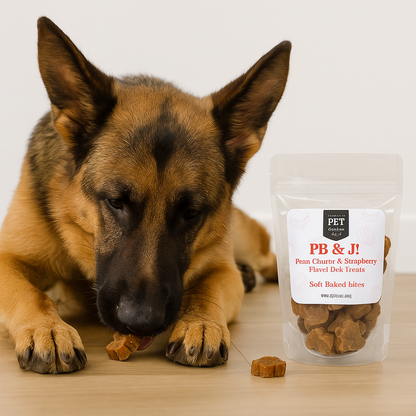 German Shepherd dog eating PB & J Soft Baked Bites peanut butter and strawberry flavored dog treats with a 6 oz resealable package nearby on wooden floor