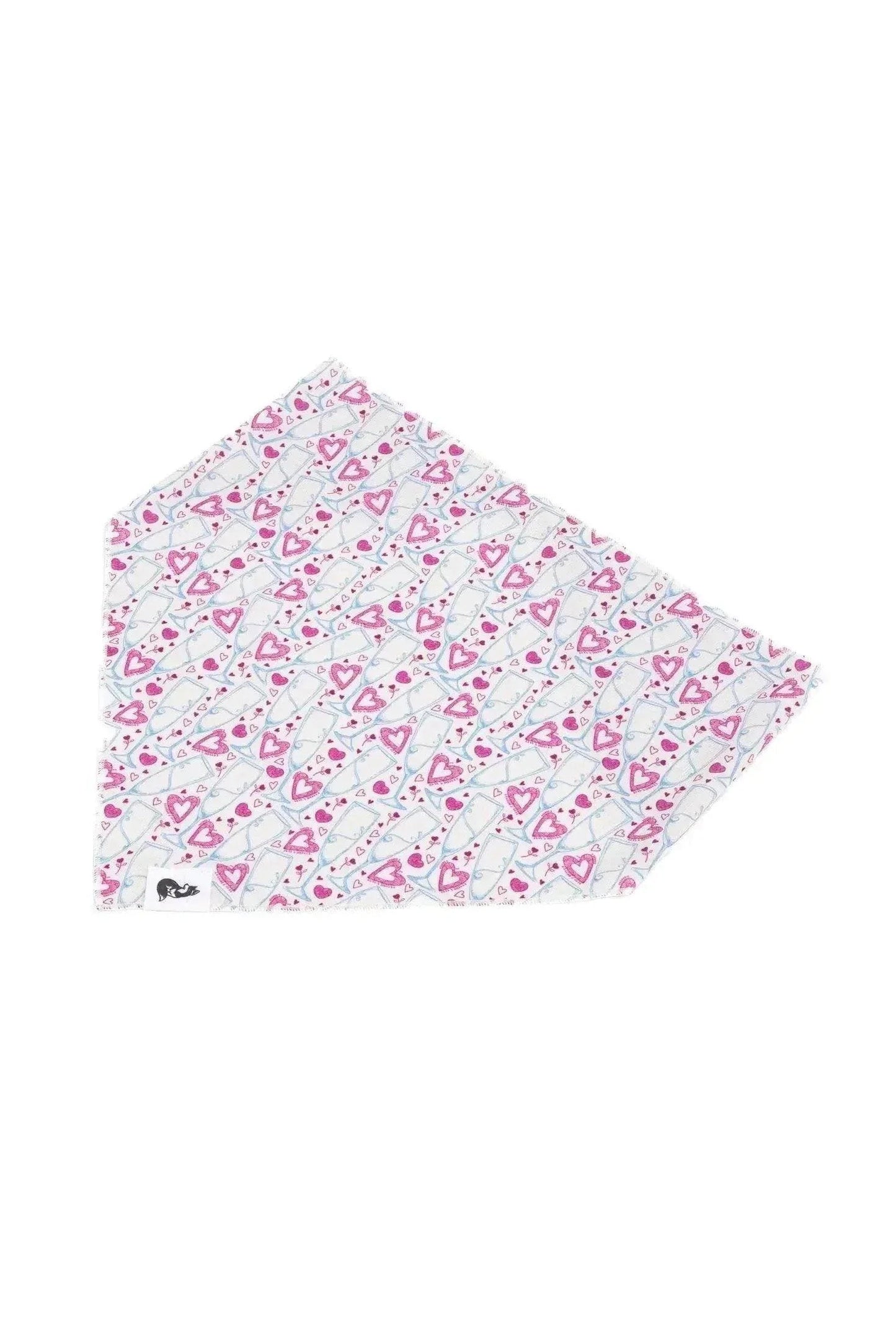 Cheers to Love Bandana with champagne glasses and pink hearts pattern, lightweight and breathable dog accessory