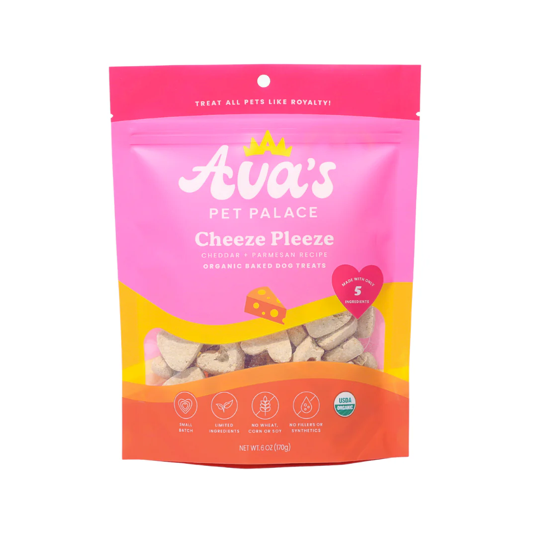 Ava's Pet Palace organic baked Cheeze Pleeze dog treats 6 oz pack with cheddar and Parmesan, gluten-free and preservative-free
