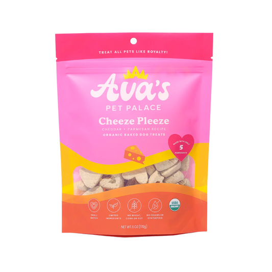 Ava's Pet Palace organic baked Cheeze Pleeze dog treats 6 oz pack with cheddar and Parmesan, gluten-free and preservative-free