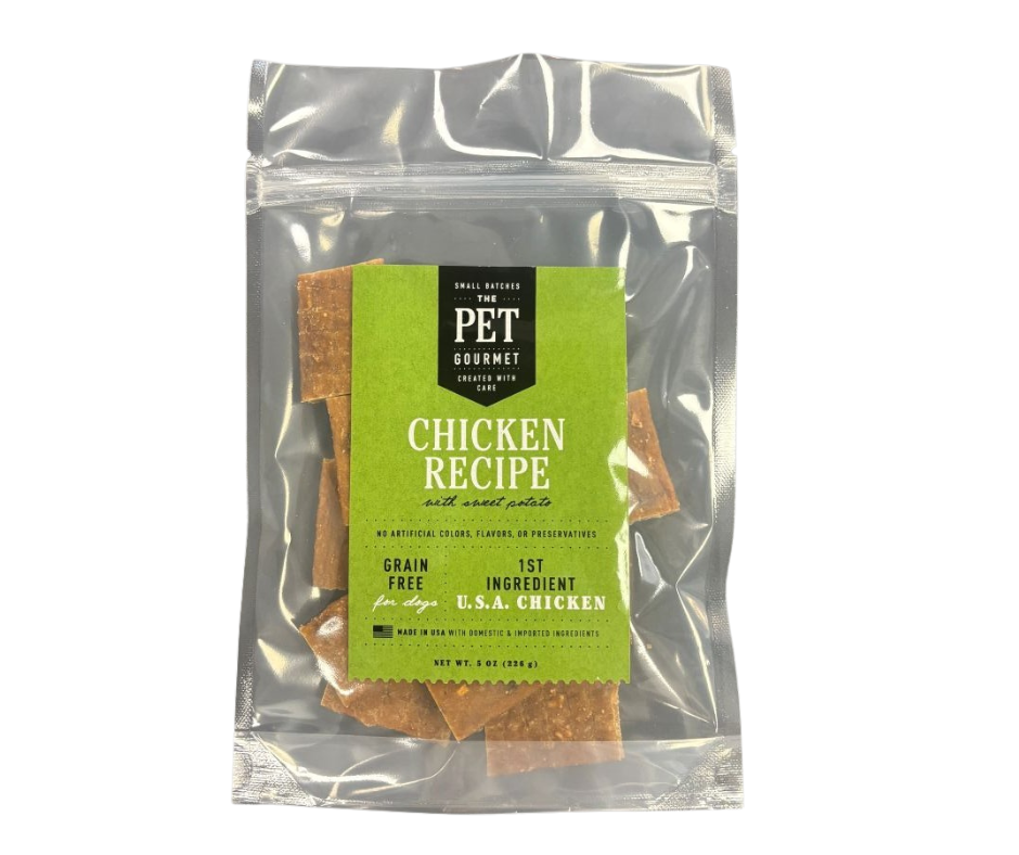 5 oz bag of Chicken and Sweet Potato Jerky dog treats with green label, grain-free and made in the USA