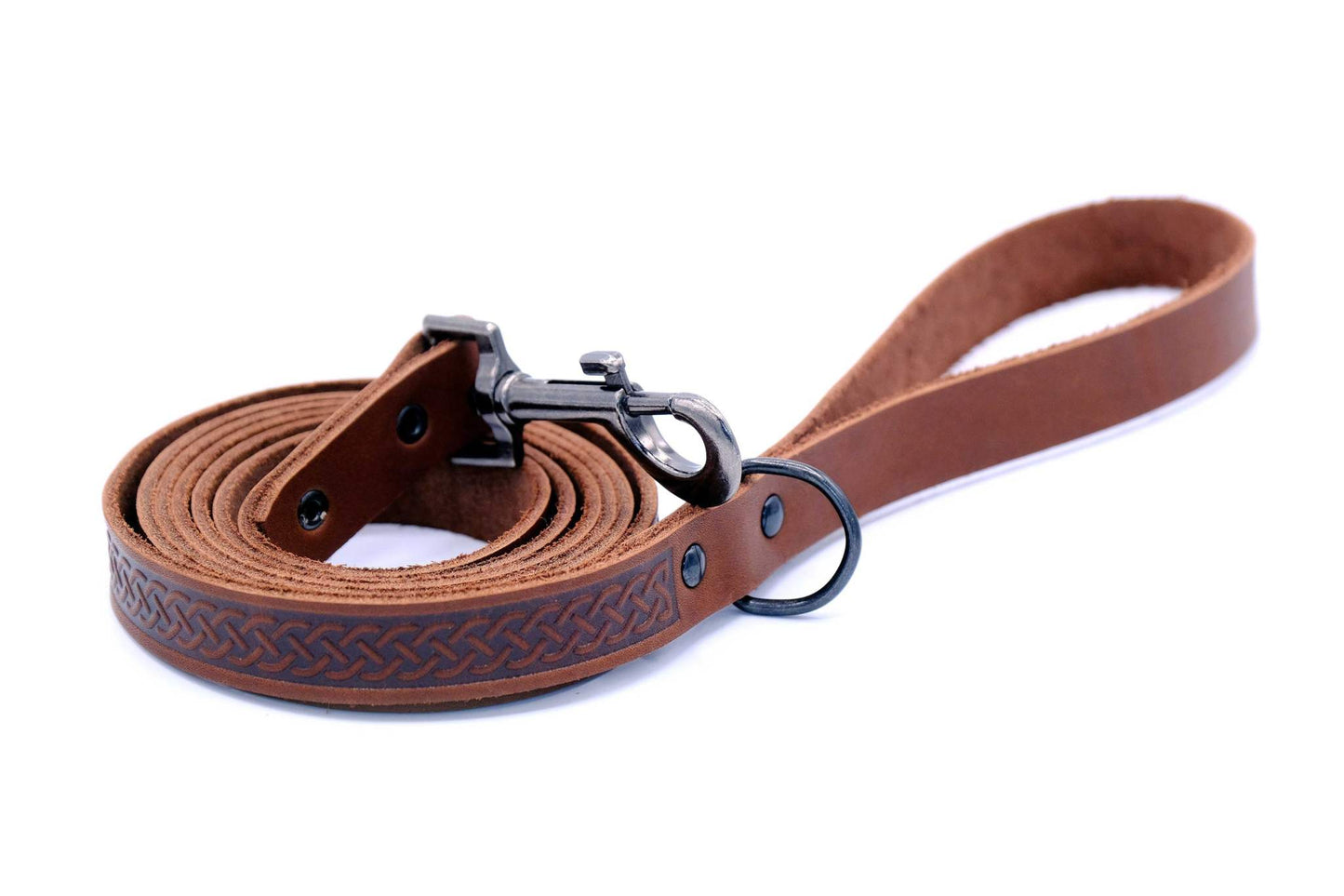 Celtic Sport chocolate leather dog leash with black hardware and rune design