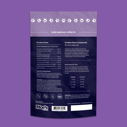 Back view of Moe's Hip and Joint Chews dog supplement pouch showing ingredients and feeding directions