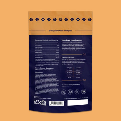Back of Multi-Plus Chews dog multivitamin supplement package with nutritional info and feeding guidelines