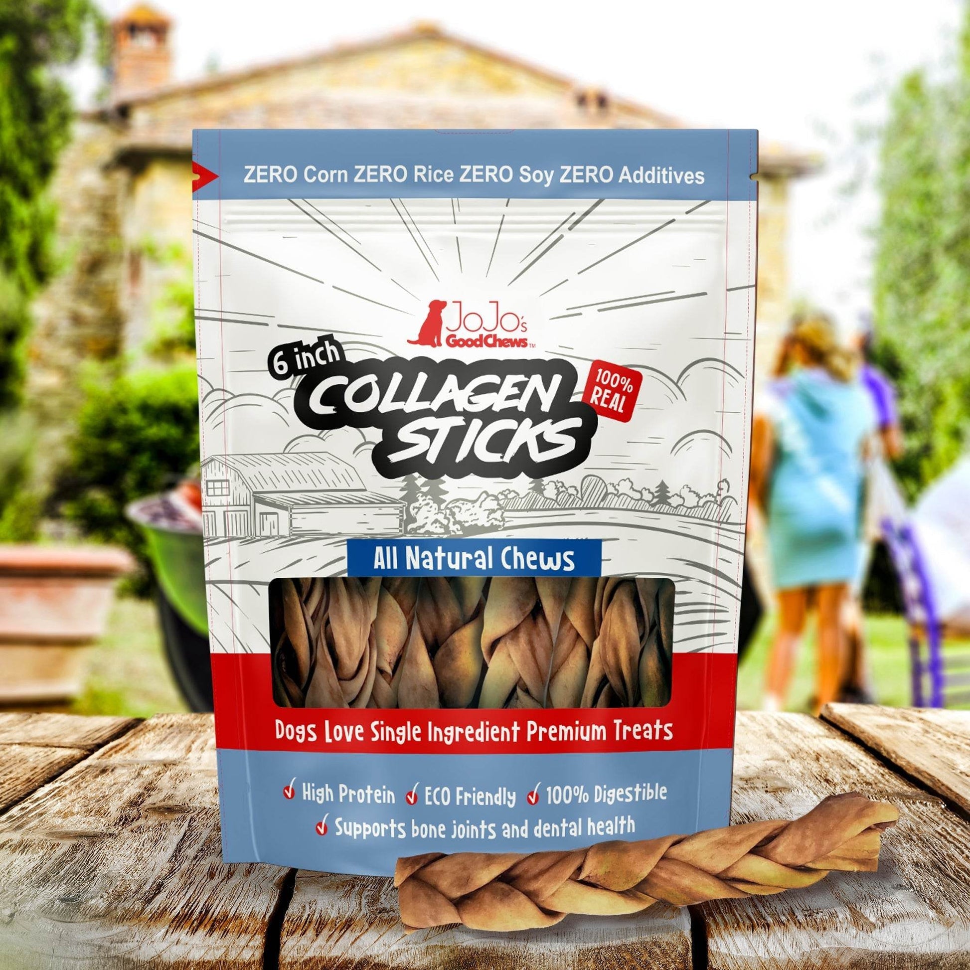 All-Natural Braided Collagen Sticks dog treats supporting joint, skin, and coat health, 6-inch braided beef collagen chews, eco-friendly and grain-free, 4-pack.