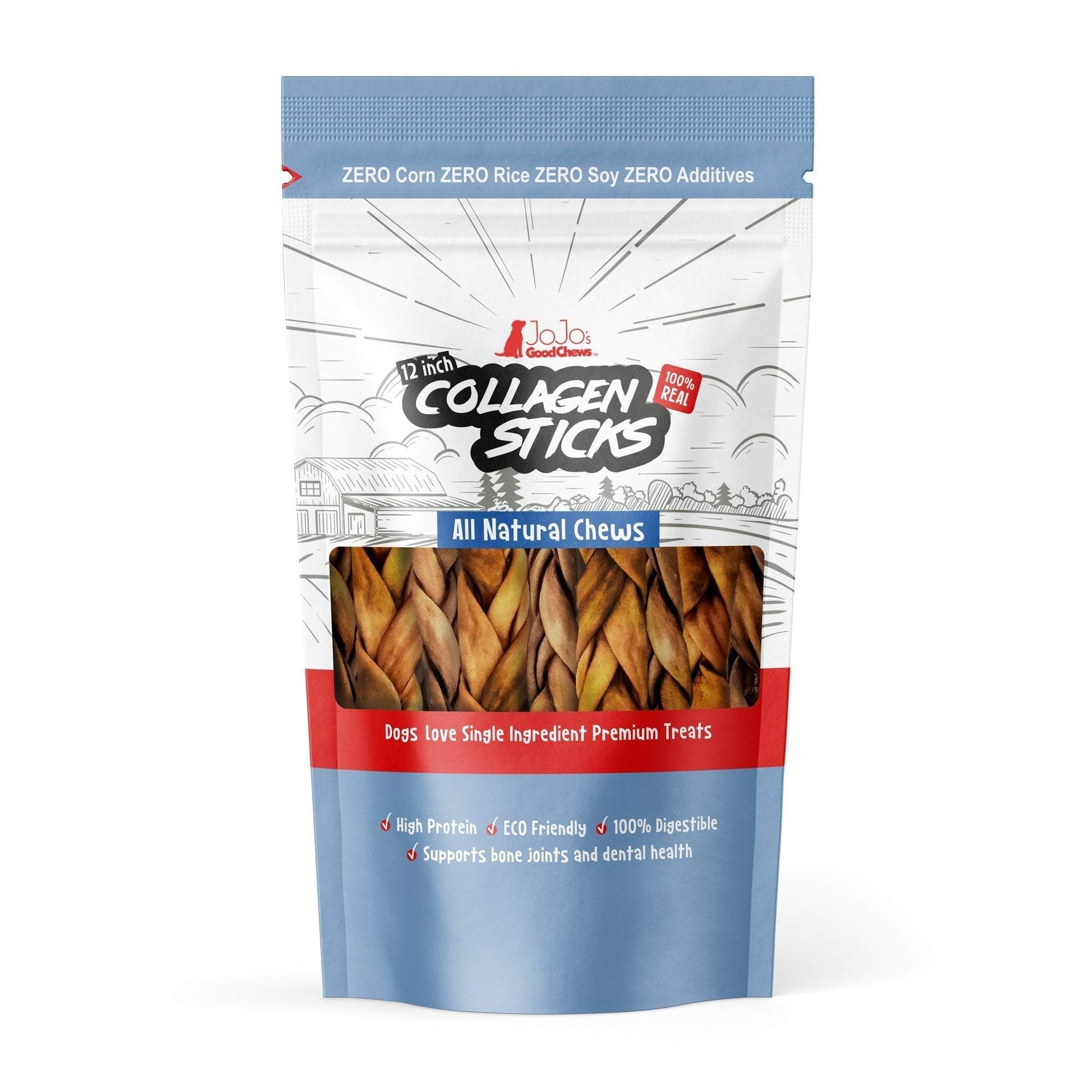 Braided collagen stick dog treats for joint health, 12-inch, all-natural, high protein, safe alternative to rawhide, 4-pack