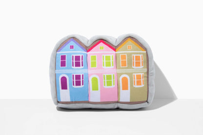 Painted Ladies Nose Work Dog Toy plush with blue, pink, and tan Victorian-style houses for dog play and foraging