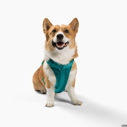 Happy corgi dog wearing a comfortable, stretchy, and classic teal harness with adjustable straps and quick-release buckle