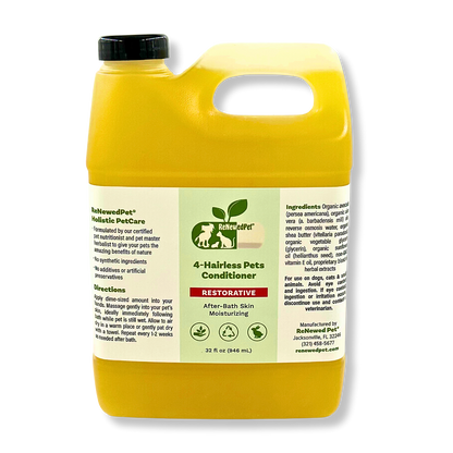 4-Hairless Pets Restorative Conditioner for moisturizing and soothing rash-prone hairless pet skin with natural organic ingredients