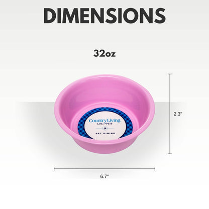 Country Living Set of 2 coated stainless steel heavy dog bowls in pink, 32oz capacity, 6.7" diameter, non-slip silicone feet, durable for medium to large dogs