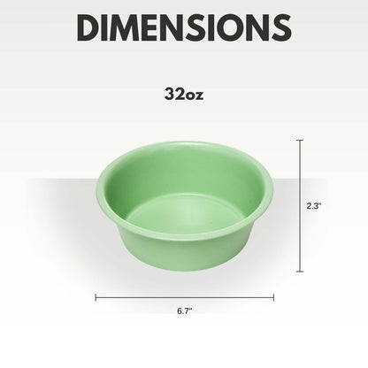 Green coated stainless steel heavy dog bowl with non-slip silicone feet, 32oz capacity, 6.7" diameter, 2.3" height for medium to large breeds.