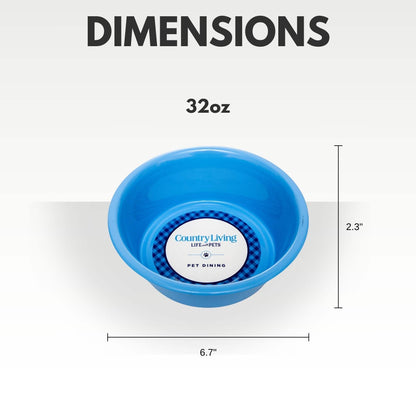 Country Living Set of 2 Coated Stainless Steel Heavy Dog Bowls in blue, 32oz capacity with non-slip silicone feet for medium to large dogs