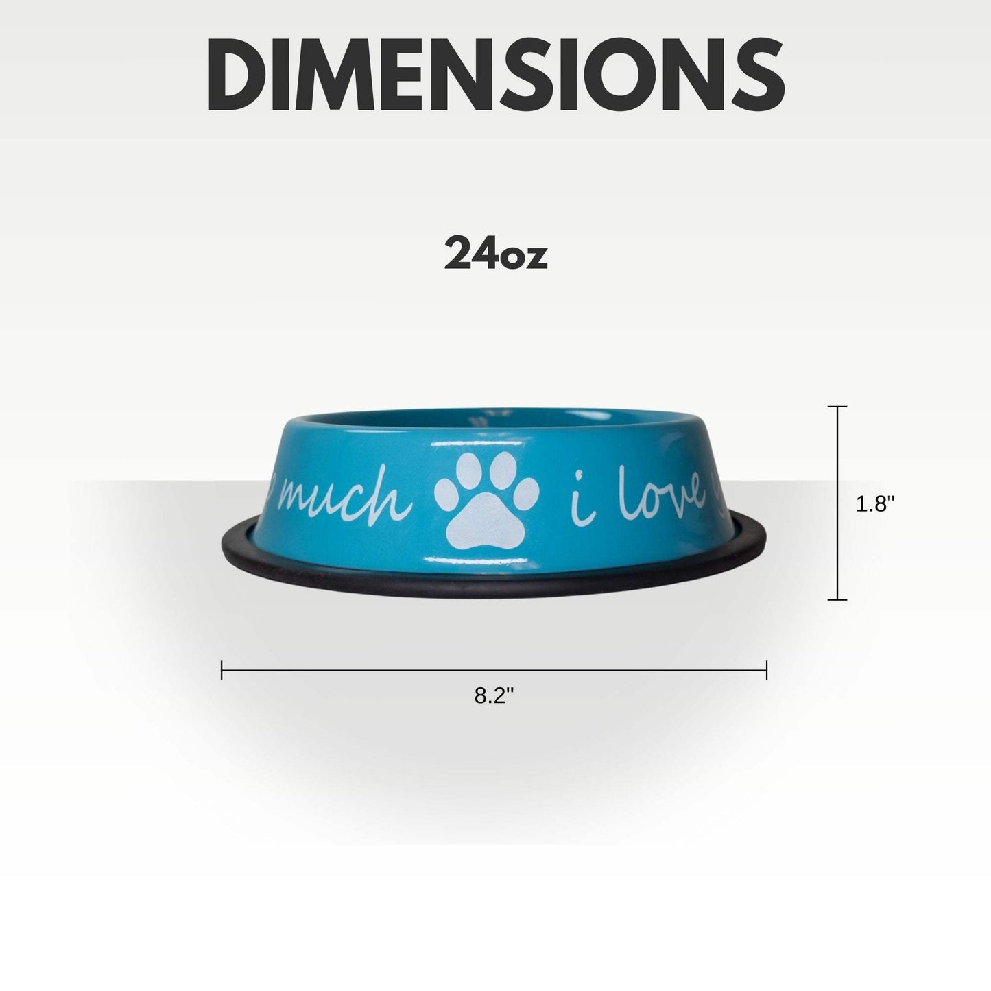 blue "I Love You So Much" powder-coated stainless steel dog bowl with non-slip base, 24oz capacity, 8.2 inches diameter, 1.8 inches height