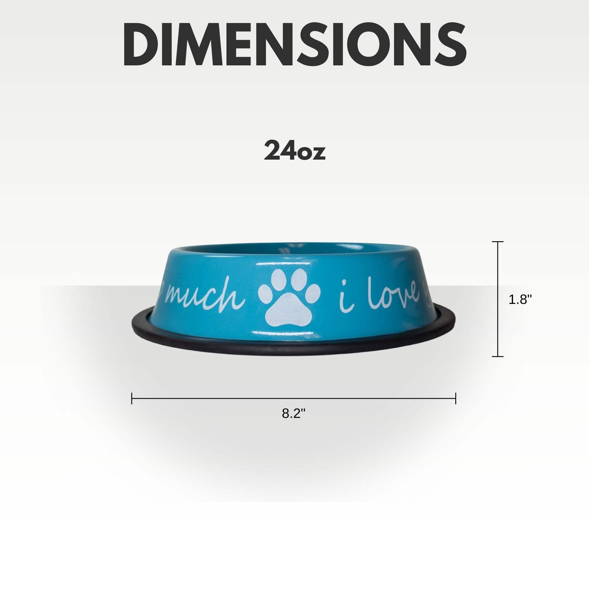 blue "I Love You So Much" powder-coated stainless steel dog bowl with non-slip base, 24oz capacity, 8.2 inches diameter, 1.8 inches height